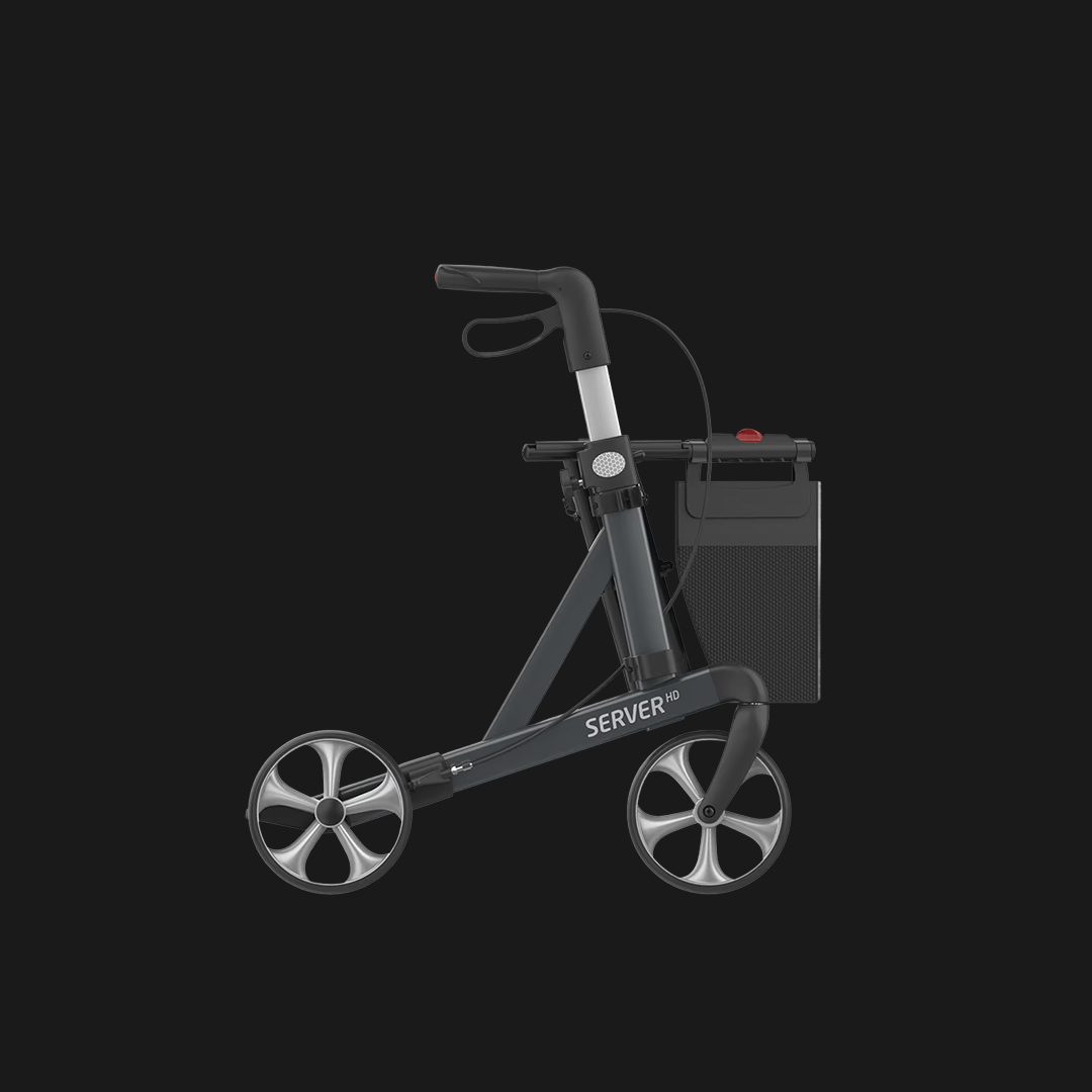 A walker photographed against a dark background
