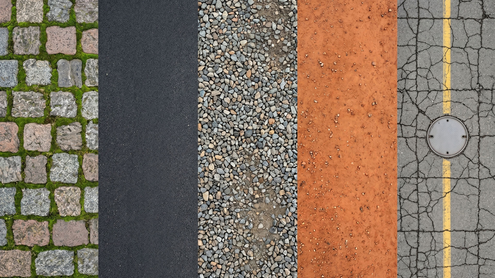 Five street surfaces side by side: mossy cobblestone, smooth asphalt, loose gravel, packed earth, and cracked asphalt
