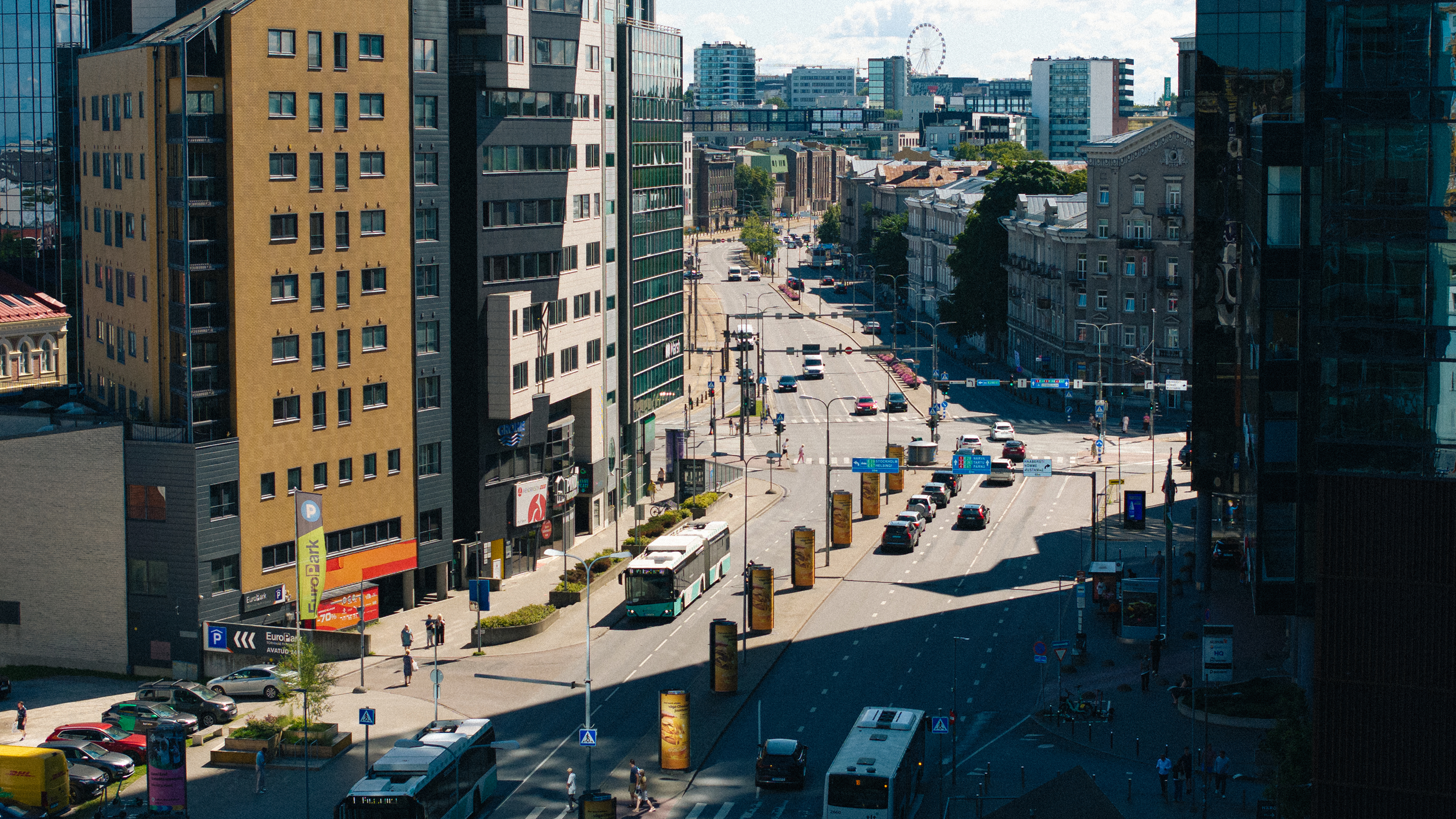 Aerial drone view of Tallinn city streets